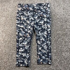 Lululemon Women's Large Black Abstract Print Cropped Leggings Zipper Pocket Yoga